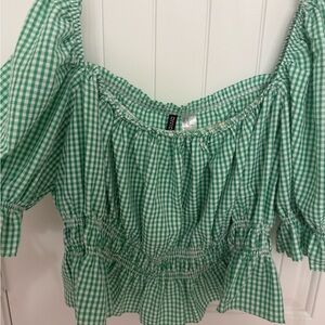 H&M Green Gingham Off-Shoulder Cropped Top